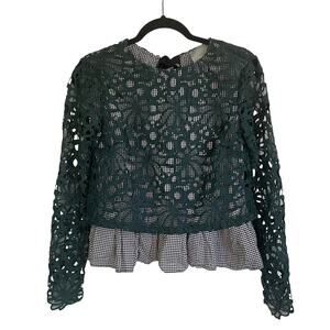 Anthropologie Maeve Green Lace Top Gabriella Gingham Peplum Hem Size XS